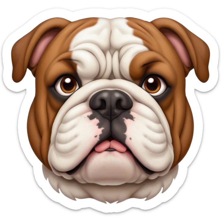 Cinematic Noble Brown and White English Bulldog Portrait Emoji, Poised and regal, with a robust, muscular build and a short, well-groomed coat of rich brown and white, deep-set soulful brown eyes, Simplified yet sharp and sophisticated features, highly detailed, glowing with a soft, dignified glow, high shine, intelligent and steadfast, stylized with an air of authority, focused and attentive, soft glowing outline, capturing the essence of a watchful and confident guardian, so majestic it feels as though it could lumber out of the screen with effortless authority! sticker