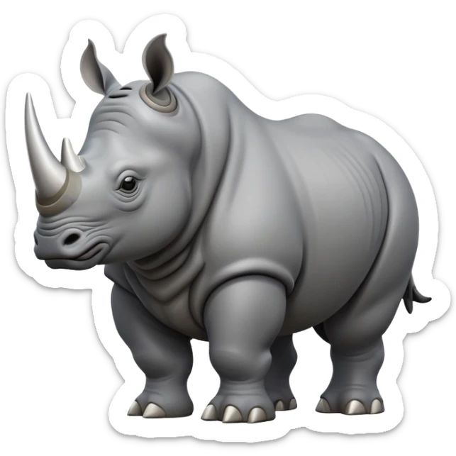 cinematic-rhino-full-body-standing-emoji,slate grey skin -massive-body-poised-powerfully,-thick-horn-curving-slightly-forward,-head-tilted-dramatically,-rough-grey-hide-covered-in-dust,-simplified-focused-features, sticker