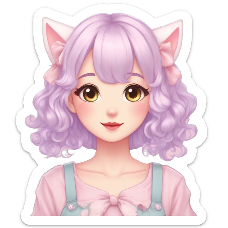 Gorgeous pastel anime style lady with blushing face and cat ears cottagecore fairycore pastelcore colorful pearly romantic simplistic aesthetic trending style full body sticker