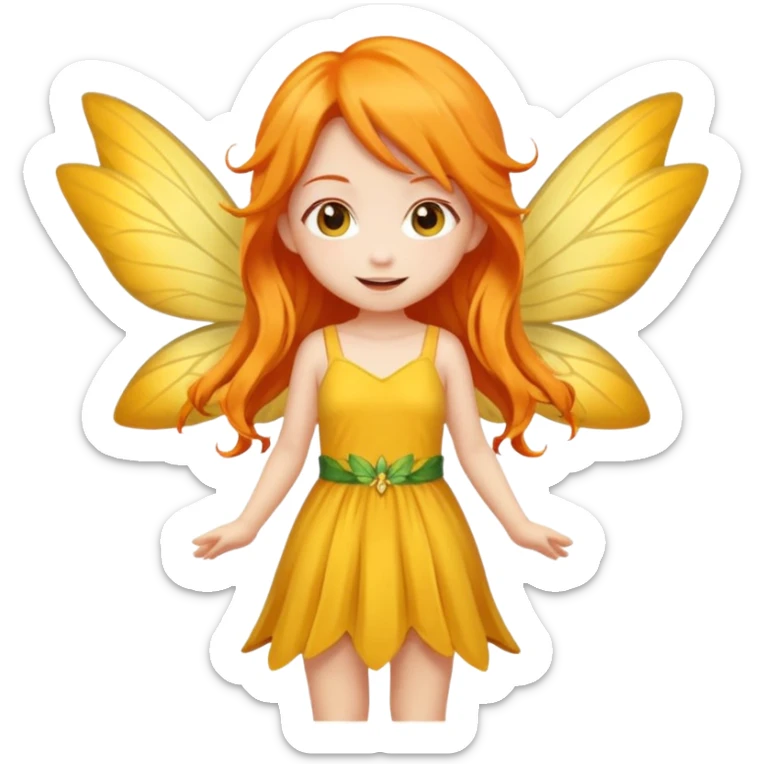 fairy with long orange hair, yellow wings, yellow dress, happy, chibi full body sticker