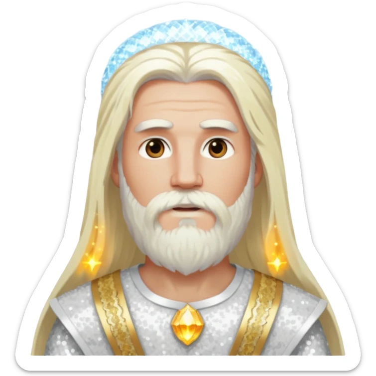 Baldr, God of Light with long white blonde hair and beard, white sequin outfit sticker