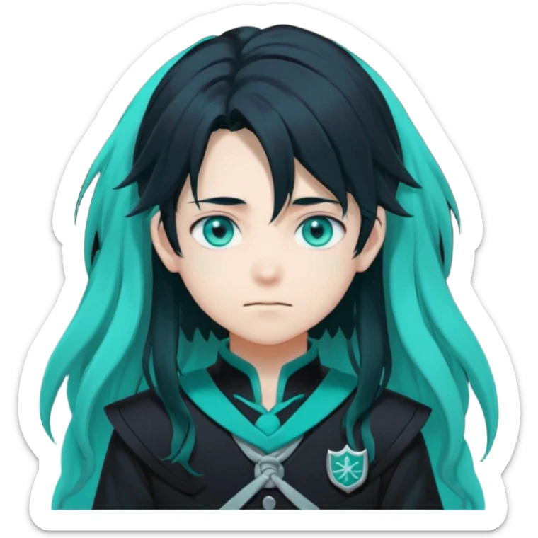 Tokito Muichiro emoji style — calm boy with long black hair fading mint green, turquoise eyes, pale skin, dreamy face, wearing dark Demon Slayer uniform, black + teal tone, anime cute clean style. sticker