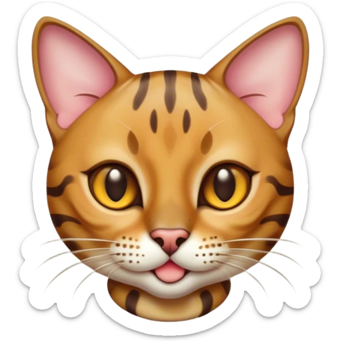 Cinematic Cute Bengal Cat Portrait Emoji, Playful and charming, sleek spotted brown and gold tones, Simplified yet adorable features, highly detailed, glowing with a warm, friendly glow, high shine, curious and affectionate, stylized with a touch of whimsy, bright and alert, soft glowing outline, capturing the essence of a mischievous yet loving kitten, so endearing it feels like it could pounce out of the screen and play! sticker