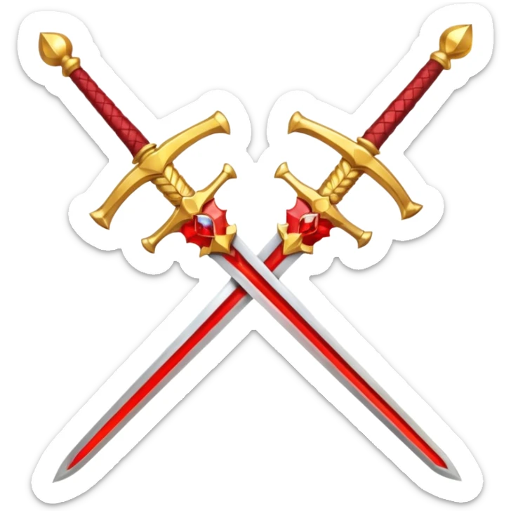 Two crossed swords that are golden in blade and handle and have fiery and royal appearence to them as well as red gem stones yellow in color sticker