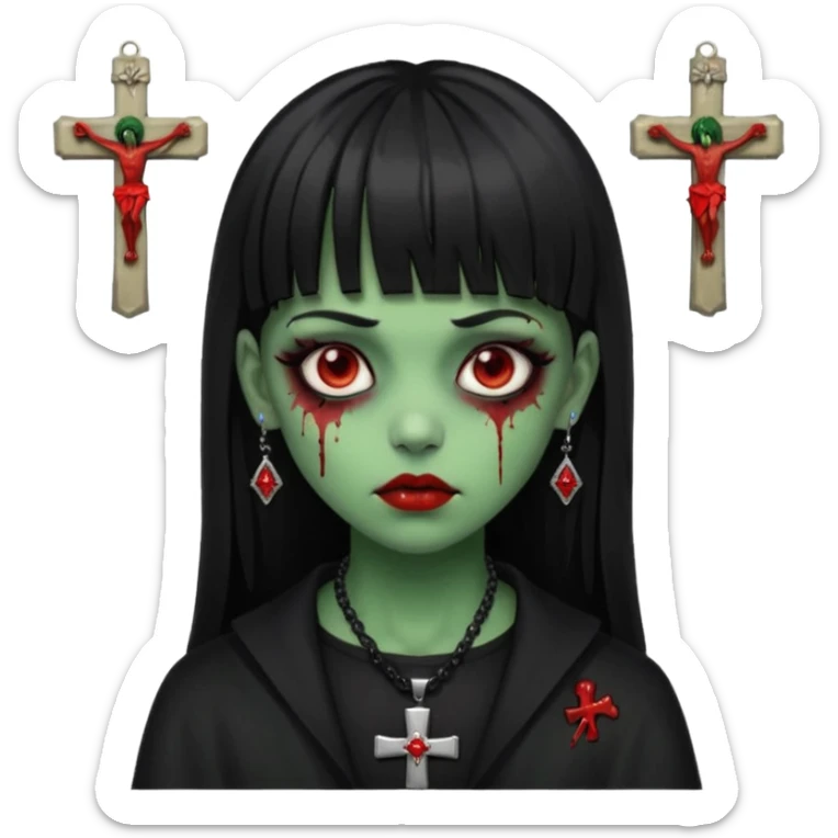 zumbi verde com olhos vermelhos sangrando e franja roupa preta e um crucifixo como colar, sem ser na testa e um piercing no nariz bem feminino a franja reta também  sticker