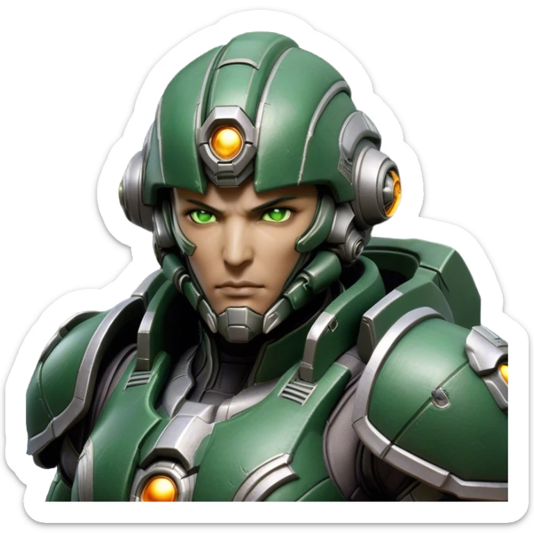 Cinematic Realistic StarCraft Terran Marine Portrait, head tilted epicly and inquisitively, showcasing a commanding presence and battle-hardened spirit. His steely gaze, set against intricately engineered tactical armor in dark green and grey, is rendered with lifelike clarity and dramatic lighting, high shine, epic and awe-inspiring, embodying the futuristic valor of a Terran warrior. sticker