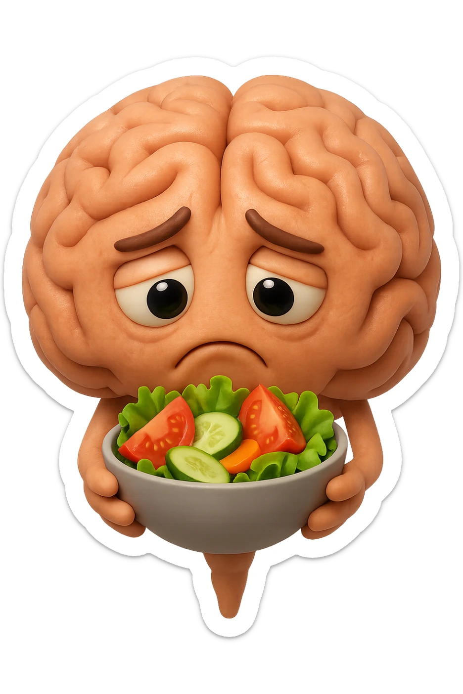 EMOJI STILE IPHONE 3D DI UN cervello umano che tiene in mano un insalata con espressione triste, iperrealistico 4k sticker