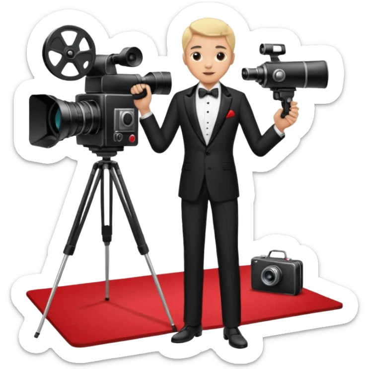 an actor standing on a red carpet with a formal tuxedo, with only one movie camera on a tripod next to him. sticker