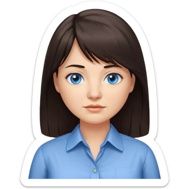 40 yr old woman, blue eyes, long straight dark brown hair, business shirt, chubby, bangs, long hair sticker