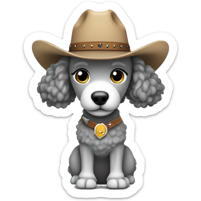 Grey poodle standing with cowboy hat mini skirt and cowgirl boots sticker