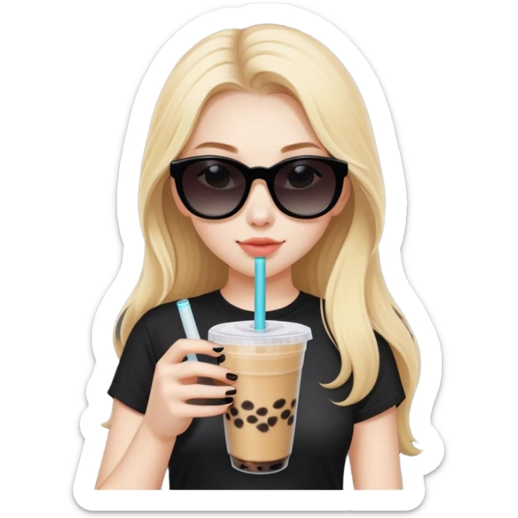 Blonde girl with pale skin and long hair with black sunglasses in black shirt and boba tea sticker