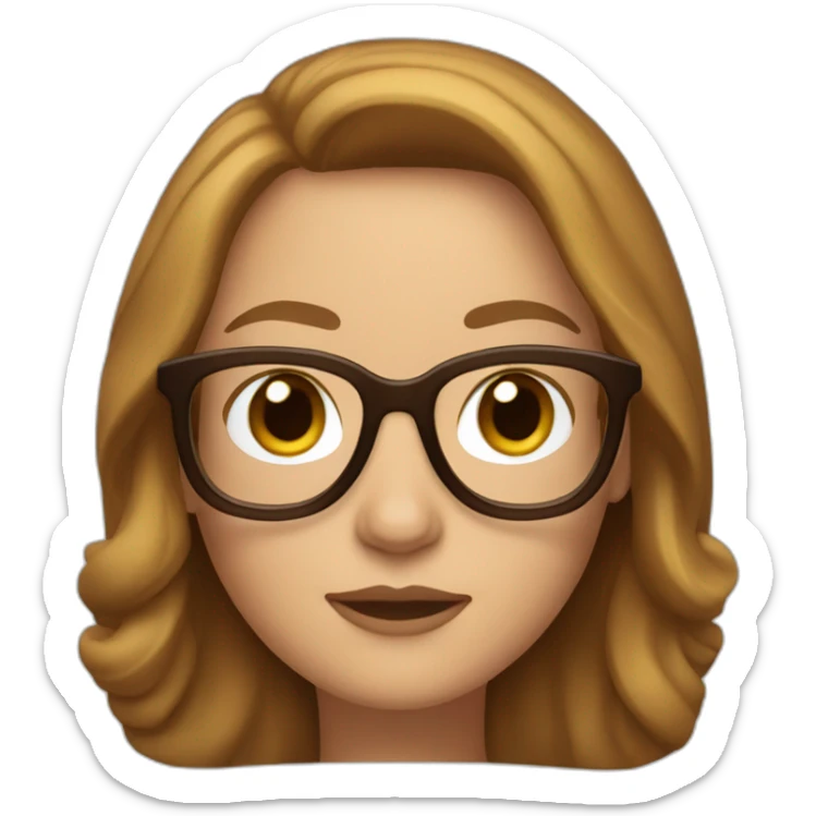 A classic Apple Memoji of a woman with long brown hair, brown eyes and golden frame glasses sticker