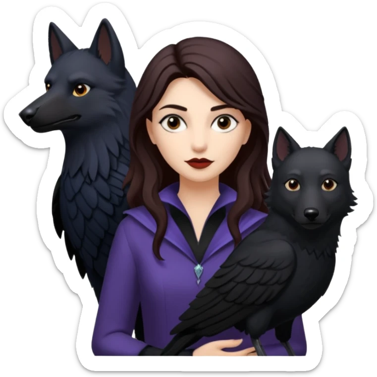 Alysanne Blackwood from Game of Thrones. She is known as black aly and is the Wife of Cregan Stark. I have her looking like Hande Erçel. Show her with a raven and a wolf sticker