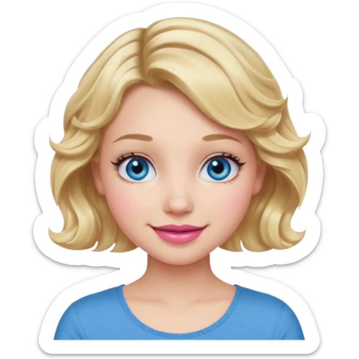 Girl Blonde short wavy hair,  blue eyes, cute blue top, long lashes, pink lips, 👄 smiling  sticker