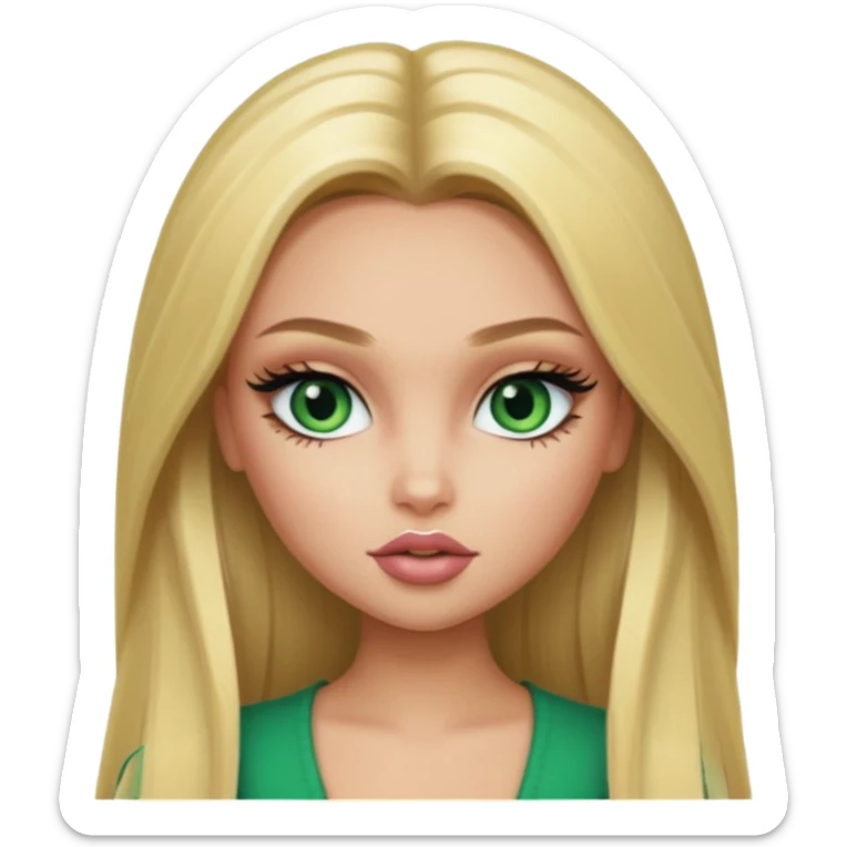 pretty bratz baddie, long blonde straight hair, pretty makeup, long lashes, green ey sticker