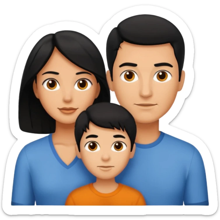 A family of a man, a woman and a boy, tanned, having black hair sticker