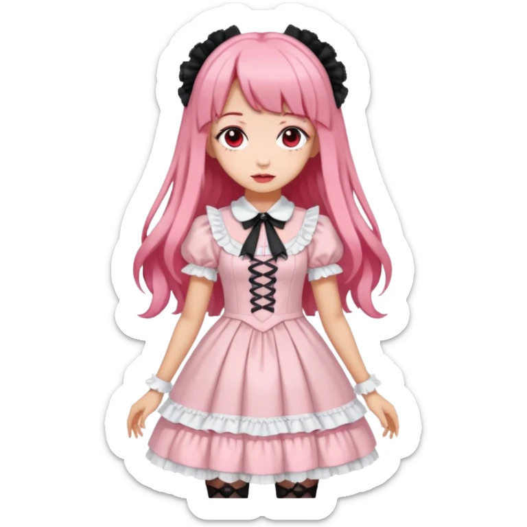 Vestido rosa pastel y white gothic lolita, cuerpo completo, color de piel morena, pelo largo, pelo de color rojo y negro sticker
