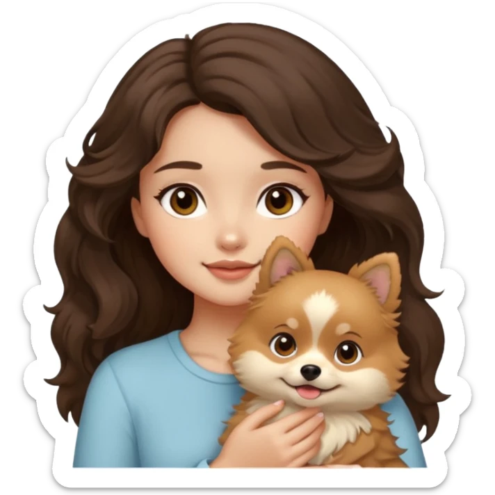 light-skinned-girl-wavy-dark-brown-hair-brown-eyes-petting-light-beige-pomeranian sticker