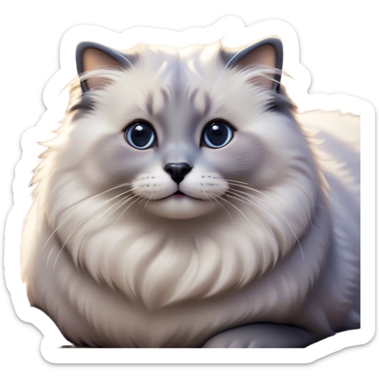 Cinematic Adorable Fluffy Grey Seal Ragdoll Cat Portrait Emoji, Head tilted cutely with big, sparkling eyes, soft grey fur with darker seal points on the ears, face, and paws, Simplified yet irresistibly adorable features, highly detailed, glowing with a soft, warm glow, high shine, affectionate and playful, stylized with a touch of whimsy, bright and endearing, soft glowing outline, capturing the essence of a curious and loving kitten, so cute it feels like it could leap out of the screen and snuggle up for a cuddle! sticker