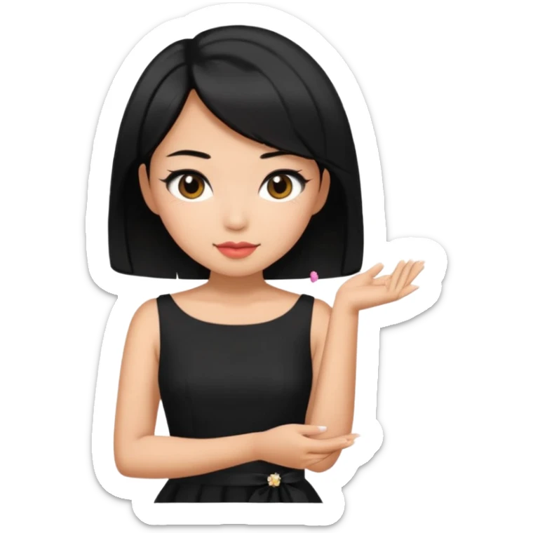 asian black short shoulder length hair tanned woman, black dress girly things sticker