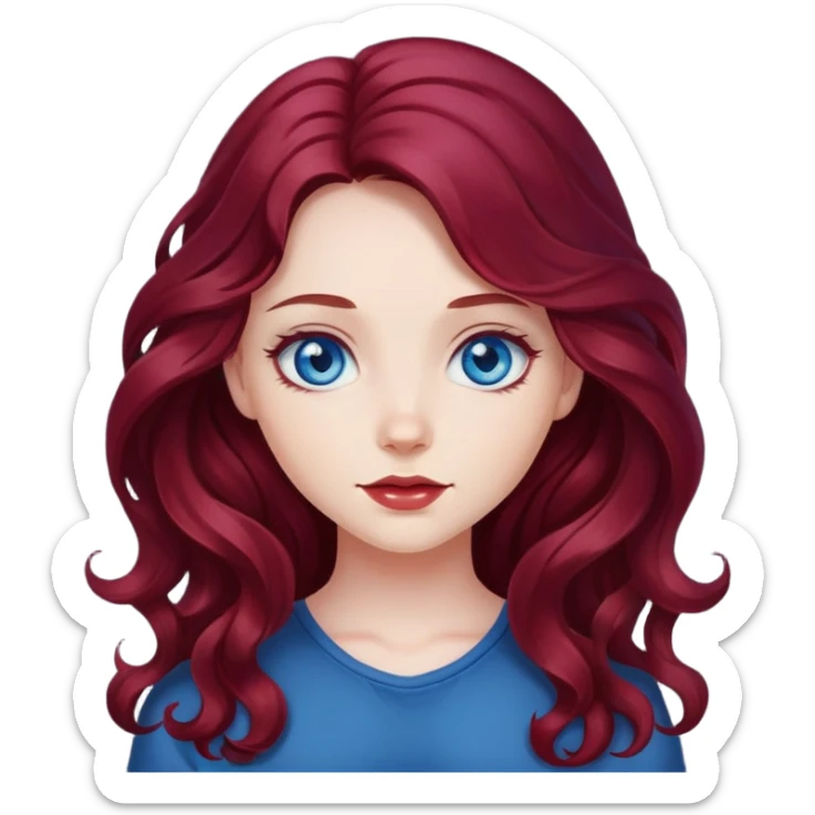 dark cherry red hair, wavy hair, long hair, blue eyes, cute girl sticker