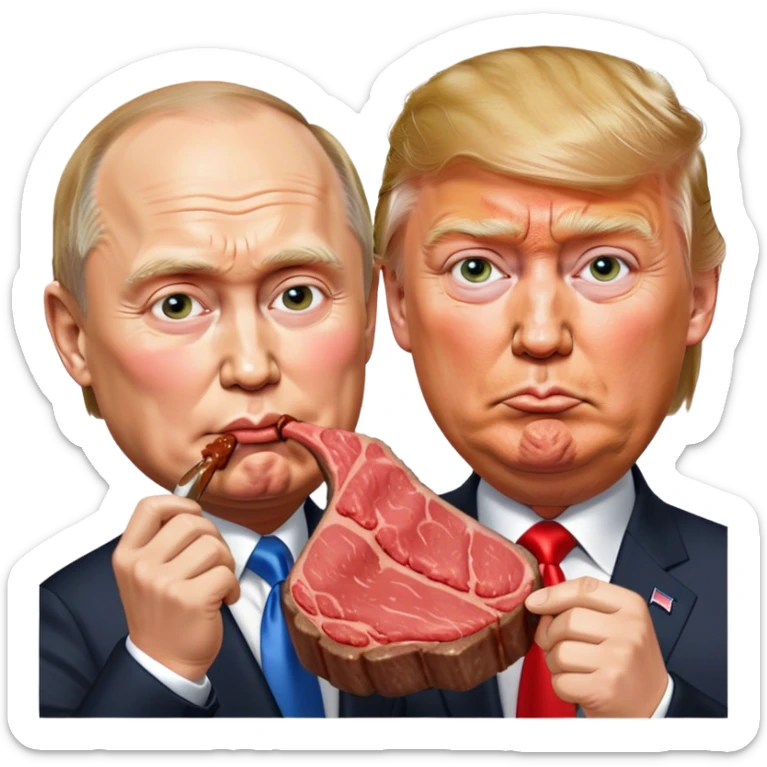 photorealistic Donald Trump and Putin eating a steak shaped like an piece of land sticker