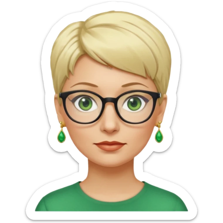 femme 40 ans lunettes cheveux très courts blonde anneaux oreilles yeux verts sticker