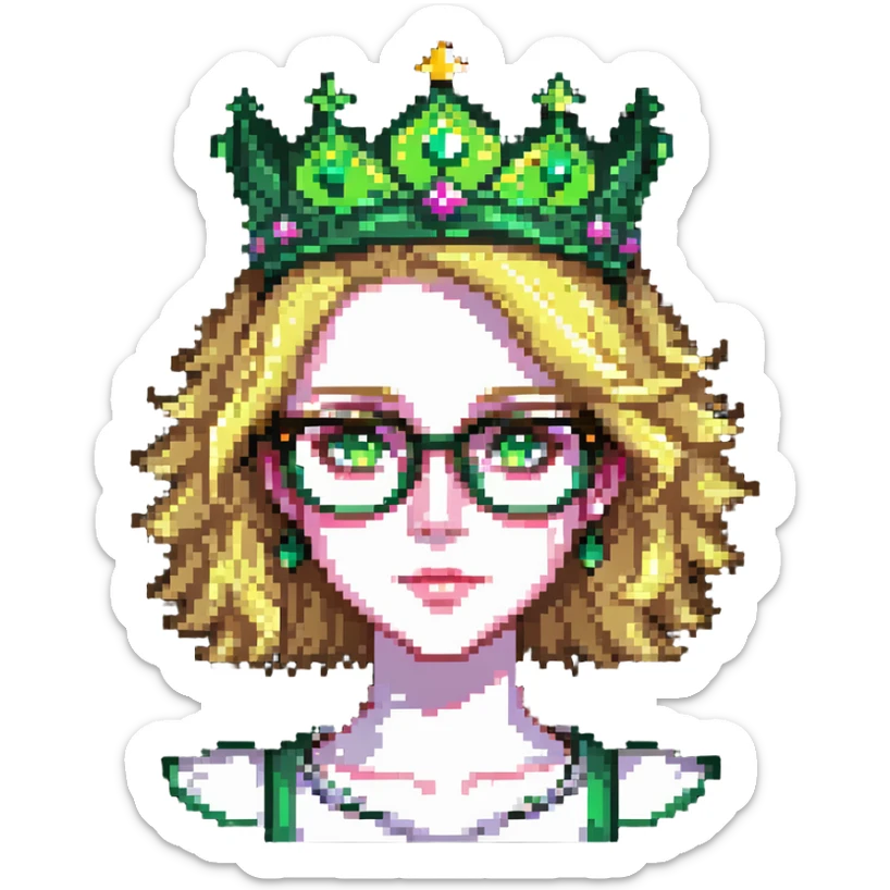 beautiful princess with blonde hair, striking green eyes, wearing glasses and a crown sticker