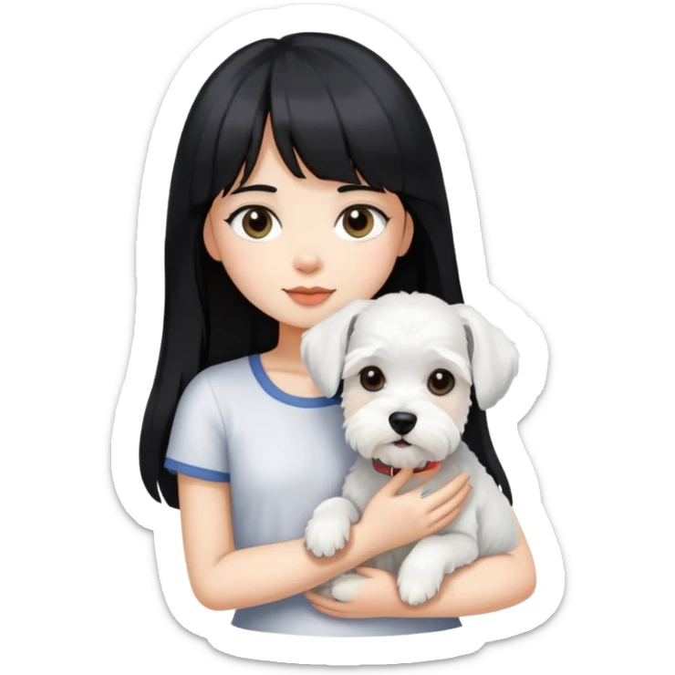 Girl with long black hair and bangs holding a white schnauzer dog sticker