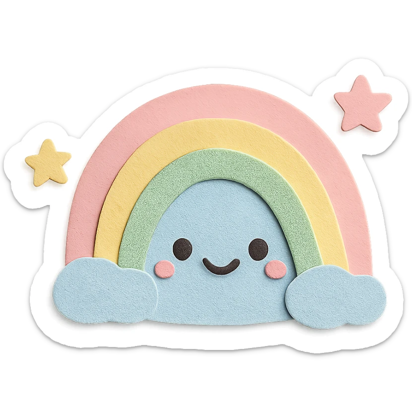 kawaii gentle rainbow arc, tiny star companions, soft pastel colors, no limbs, full body, paper craft style sticker