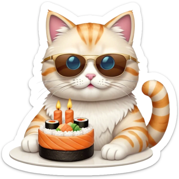 cool cat wearing sunglasses eating a birthday cake made out of sushi sticker