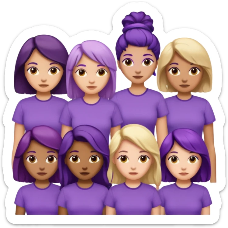 women with various hair types and skin tones, purple shirt, one of each type in a group sticker