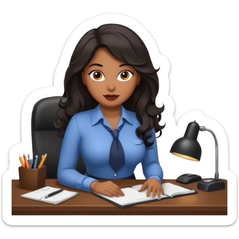 Curvy woman with brown skin with long wavy black hair, brown eyes. She's dressed as a sexy secretary sat on a desk sticker
