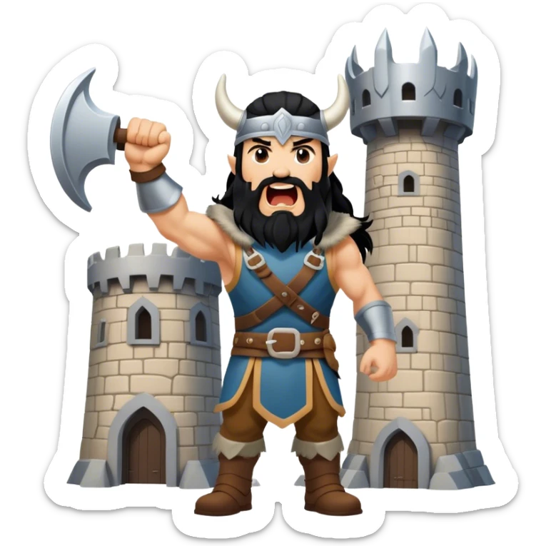 vikingo con armadura de Asgard, pelo negro ondulado, de pie, grito de guerra en torre de Asgard. sticker