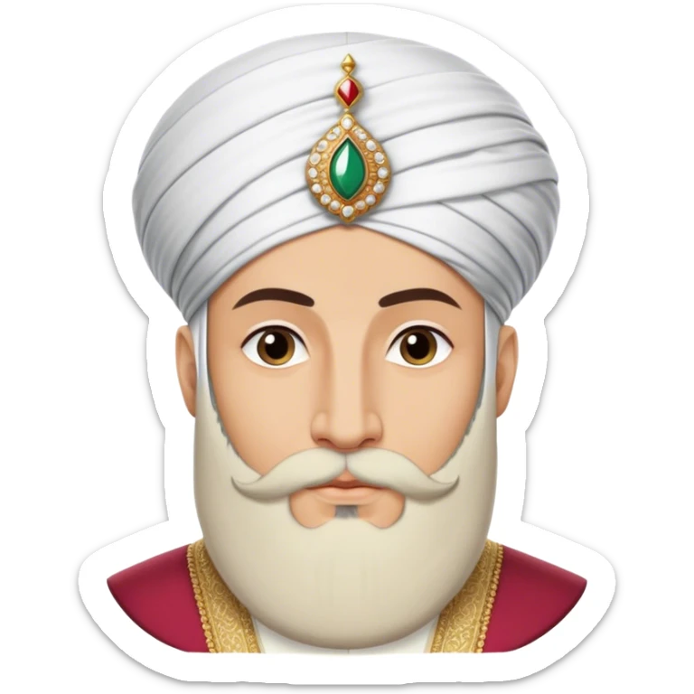 ​Cinematic Realistic Portrait of Suleiman the Magnificent, depicted as a regal Ottoman sultan adorned with a large, white, round, tall turban and a majesti beard, his commanding gaze bathed in warm, historic lighting that exudes timeless authority and grandeur, sticker