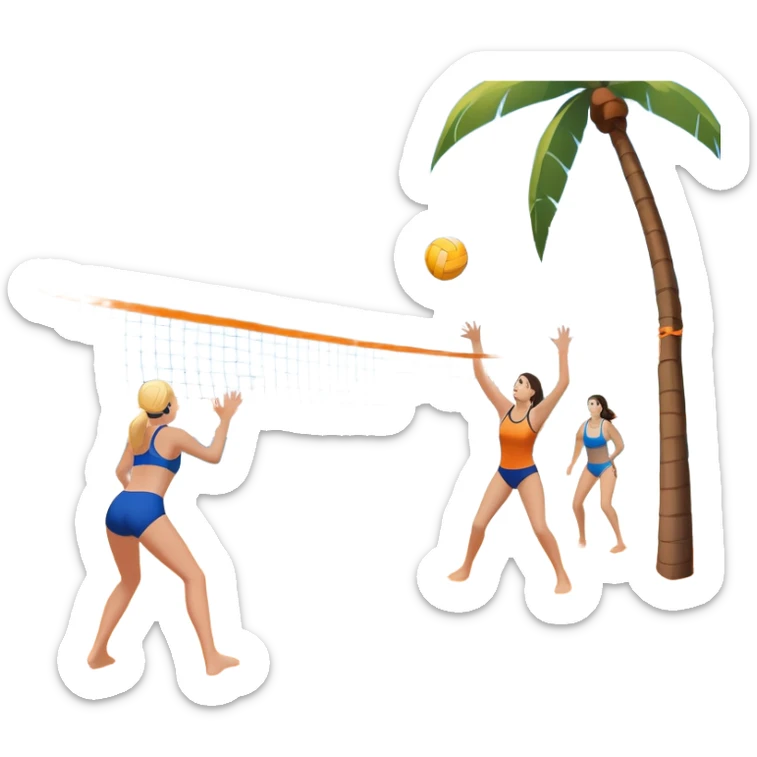 A volleyball resting on the orange sand of a beach, with a volleyball net in the background. The scene includes a beautiful beach landscape with blue sea, sky, and palm trees, while a couple of women in swimsuits play in the distance, capturing the relaxed yet competitive vibe of beach volleyball. sticker