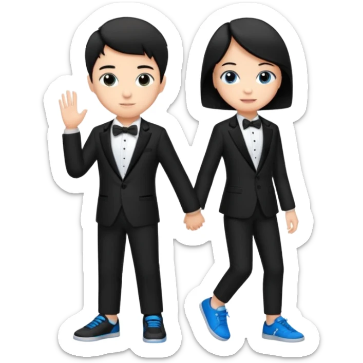generate a pretty bratz fair skinned boy with short black hair wearing a black tux with blue sneakers with a girl sticker