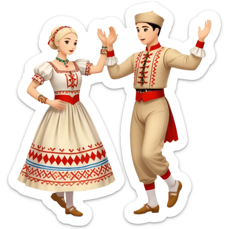 Cinematic Realistic scene of two performers engaging in the Croatian Linđo folk dance, adorned in vibrant traditional costumes with intricate patterns and accessories, captured in graceful, synchronized motion under festive natural lighting. sticker