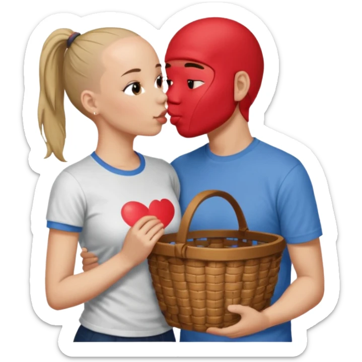 Bald boy with basket t-shirt kissing a brunette girl who has a ponytail sticker