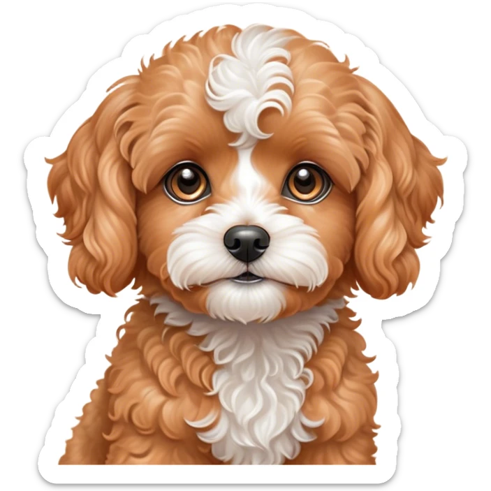 Cinematic Cute Apricot Cavoodle Portrait Emoji, Head tilted playfully and inquisitively, with a fluffy curly apricot coat adorned with subtle white patches, round, sparkling brown eyes filled with curiosity, Simplified yet irresistibly adorable features, highly detailed, glowing with a warm, friendly glow, high shine, affectionate and lively, stylized with a touch of whimsy, bright and endearing, soft glowing outline, capturing the essence of a mischievous yet loving companion, so playful it feels like it could bound out of the screen and into your arms! sticker
