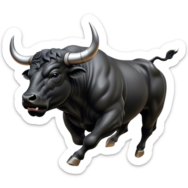 ​Cinematic Realistic Black Charging Bull, depicted in mid-charge with a powerful, muscular form and glossy black hide glistening under dynamic dramatic lighting, dust and motion captured mid-air to exude raw strength and unbridled energy on an expansive arena, sticker