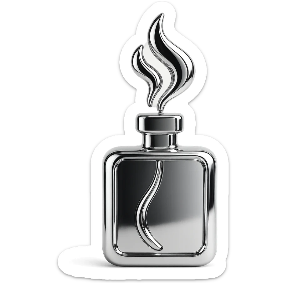 Minimal symbolic icon representing a signature fragrance: abstract vapor or mist emerging from a sleek bottle sticker