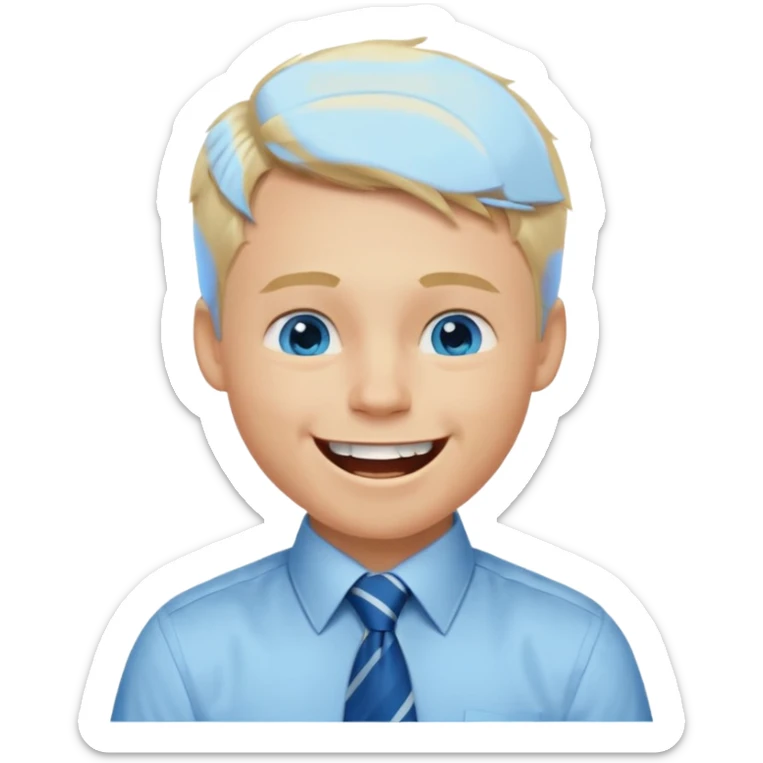 A young guy with blonde hair and blue eyes that looks masculine. make him wear a shirt with a tie. he is danish. He is laughing extremely hard. More extreme expression sticker