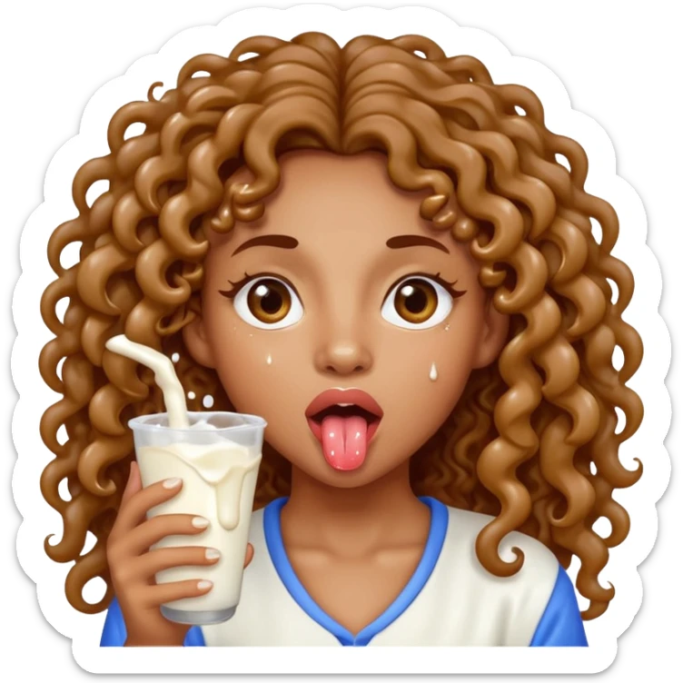 a mixed girl with long curly hair sticking her tongue out with milk drops dripping from tongue sticker