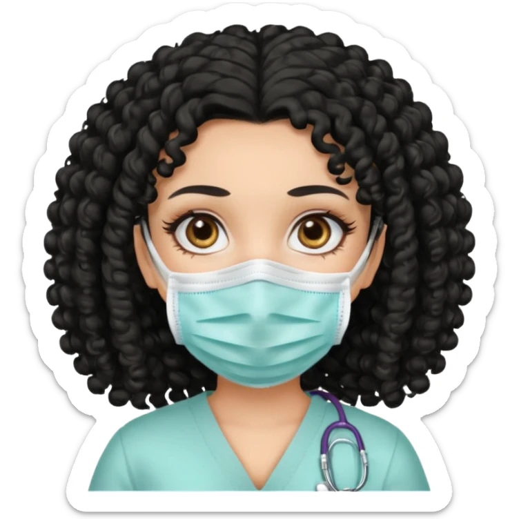 a pretty tan bratz girl with black curly hair. no makeup, looking sick, wearing a mask sticker