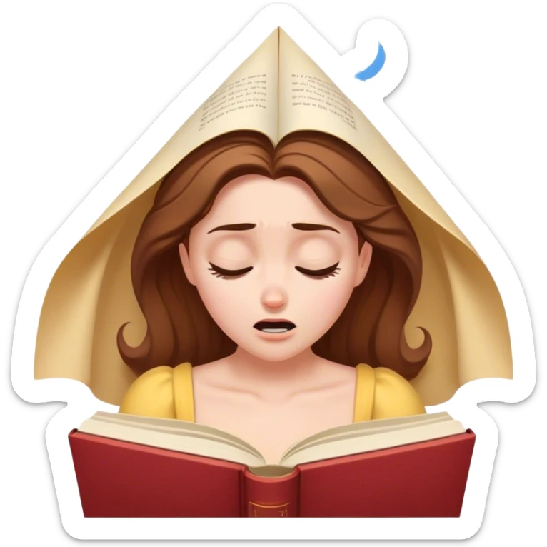 Cinematic Funny Belle Portrait Emoji, Looking exasperated as a book lands on her head, one eye twitching, caught in a hilariously relatable moment of book-lover clumsiness! sticker