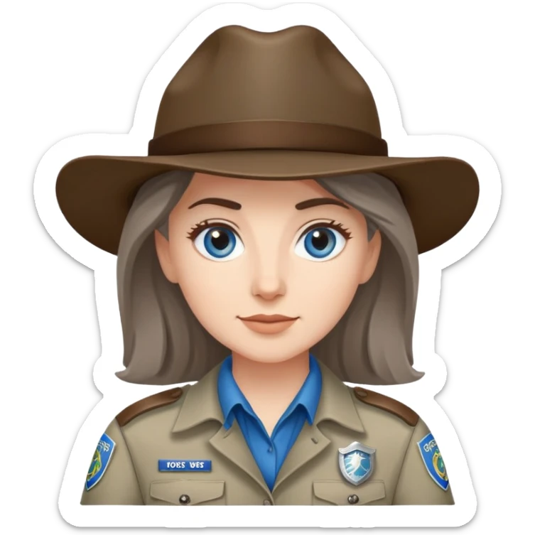 white woman park ranger with brown and gray hair and blue eyes sticker
