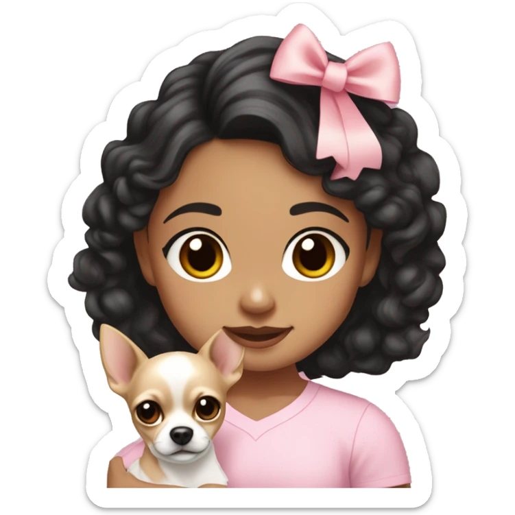 Hispanic girl medium black wavy hair wearing a light pink shirt holding a white and tan chihuahua with a pink bow  sticker