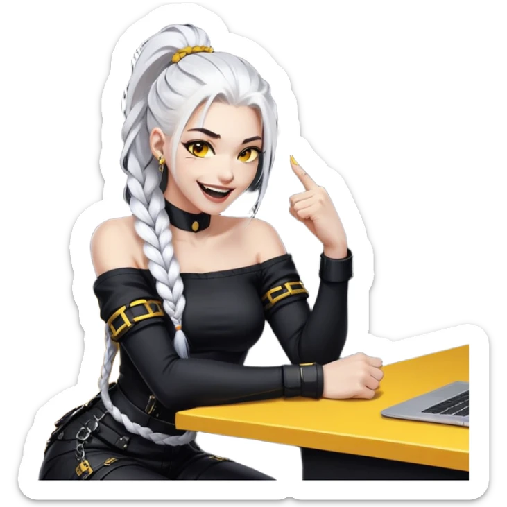 ghibli style, she is laughing outrageously and pounding her fist on the table, a closeup portrait of young woman with gold yellow eyes, white hair, long braid, black off-shoulder top, punk gothic style, futuristic cyberwave cyberpunk, sitting position
 sticker