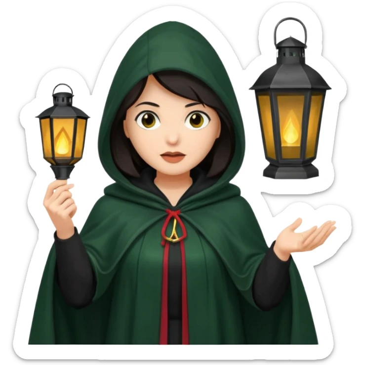 traitor tv show, dark haired woman wearing dark green cloak with hood up who looks very evil and is holding up a lantern sticker